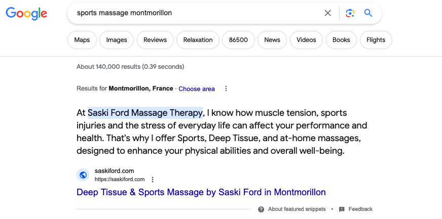 Saski Ford Website Design for Massage Therapists Case Study Rich Snippet